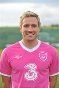 16 November 2010; Republic of Ireland's Liam Lawrence, wearing the special one off &quot;Limited Edition&quot; Pink version of the Ireland Home Jersey brought to you by Irish Football Sponsors 3 and Umbro. The jersey features a special embroidery around the FAI crest and a pink ribbon on the sleeve. The Irish Senior International Team sponsored by 3, will support the cause by wearing the kit in the warm-up for Wednesday's International friendly game against Norway at the Aviva Stadium. 10% of the retail value of each jersey will be donated to Action Breast Cancer, a programme of the Irish Cancer Society. The jersey will be available EXCLUSIVELY from FAI partner stores from December 3rd. You can pre-order your kit now on www.faishop.com. 3 Photocall to Launch Umbro Pink Jersey Photocall in aid of Breast Cancer Awareness, Gannon Park, Malahide, Co. Dublin. Picture credit: David Maher / SPORTSFILE