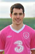 16 November 2010; Republic of Ireland's Greg Cunningham, wearing the special one off &quot;Limited Edition&quot; Pink version of the Ireland Home Jersey brought to you by Irish Football Sponsors 3 and Umbro. The jersey features a special embroidery around the FAI crest and a pink ribbon on the sleeve. The Irish Senior International Team sponsored by 3, will support the cause by wearing the kit in the warm-up for Wednesday's International friendly game against Norway at the Aviva Stadium. 10% of the retail value of each jersey will be donated to Action Breast Cancer, a programme of the Irish Cancer Society. The jersey will be available EXCLUSIVELY from FAI partner stores from December 3rd. You can pre-order your kit now on www.faishop.com. 3 Photocall to Launch Umbro Pink Jersey Photocall in aid of Breast Cancer Awareness, Gannon Park, Malahide, Co. Dublin. Picture credit: David Maher / SPORTSFILE