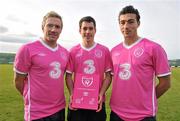 16 November 2010; Republic of Ireland players, left to right, Liam Lawrence, Greg Cunningham and Stephen Kelly, wearing the special one off &quot;Limited Edition&quot; Pink version of the Ireland Home Jersey brought to you by Irish Football Sponsors 3 and Umbro. The jersey features a special embroidery around the FAI crest and a pink ribbon on the sleeve. The Irish Senior International Team sponsored by 3, will support the cause by wearing the kit in the warm-up for Wednesday's International friendly game against Norway at the Aviva Stadium. 10% of the retail value of each jersey will be donated to Action Breast Cancer, a programme of the Irish Cancer Society. The jersey will be available EXCLUSIVELY from FAI partner stores from December 3rd. You can pre-order your kit now on www.faishop.com. 3 Photocall to Launch Umbro Pink Jersey Photocall in aid of Breast Cancer Awareness, Gannon Park, Malahide, Co. Dublin. Picture credit: David Maher / SPORTSFILE
