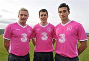16 November 2010; Republic of Ireland players, left to right, Liam Lawrence, Greg Cunningham and Stephen Kelly, wearing the special one off &quot;Limited Edition&quot; Pink version of the Ireland Home Jersey brought to you by Irish Football Sponsors 3 and Umbro. The jersey features a special embroidery around the FAI crest and a pink ribbon on the sleeve. The Irish Senior International Team sponsored by 3, will support the cause by wearing the kit in the warm-up for Wednesday's International friendly game against Norway at the Aviva Stadium. 10% of the retail value of each jersey will be donated to Action Breast Cancer, a programme of the Irish Cancer Society. The jersey will be available EXCLUSIVELY from FAI partner stores from December 3rd. You can pre-order your kit now on www.faishop.com. 3 Photocall to Launch Umbro Pink Jersey Photocall in aid of Breast Cancer Awareness, Gannon Park, Malahide, Co. Dublin. Picture credit: David Maher / SPORTSFILE