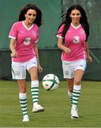 16 November 2010; Models Georgia Salpa and Nadia Forde pictured modelling the special one off &quot;Limited Edition&quot; Pink version of the Ireland Home Jersey brought to you by Irish Football Sponsors 3 and Umbro. The jersey features a special embroidery around the FAI crest and a pink ribbon on the sleeve. The Irish Senior International Team sponsored by 3, will support the cause by wearing the kit in the warm-up for Wednesday's International friendly game against Norway at the Aviva Stadium. 10% of the retail value of each jersey will be donated to Action Breast Cancer, a programme of the Irish Cancer Society. The jersey will be available EXCLUSIVELY from FAI partner stores from December 3rd. You can pre-order your kit now on www.faishop.com. 3 Photocall to Launch Umbro Pink Jersey Photocall in aid of Breast Cancer Awareness, Gannon Park, Malahide, Co. Dublin. Picture credit: David Maher / SPORTSFILE
