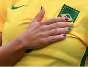 3 August 2016; A detailed view of the nails belonging to Tamires of Brazil during the national anthem at the Women's Football first round Group E match between Brazil and China on Day -2 of the Rio 2016 Olympic Games at the Olympic Stadium in Rio de Janeiro, Brazil. Photo by Stephen McCarthy/Sportsfile