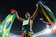 14 August 2016; Wayde van Niekerk of South Africa celebrates winning the Men's 400m final with a world record time of 43.03 seconds at the Olympic Stadium during the 2016 Rio Summer Olympic Games in Rio de Janeiro, Brazil. Photo by Stephen McCarthy/Sportsfile