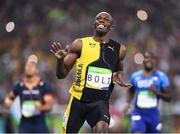 14 August 2016; Usain Bolt of Jamaica celebrates winning the Men's 100m final at the Olympic Stadium during the 2016 Rio Summer Olympic Games in Rio de Janeiro, Brazil. Photo by Stephen McCarthy/Sportsfile