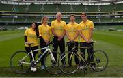 22 August 2016; Pieta 100 Cycle Ambassadors, from left, Paula MacSweeney, Today FM, Jenny Murphy, Irish Rugby International, Brent Pope, RTÉ rugby analyst, Martyn Irvine, former Irish professional cyclist, and David Wallace, former Irish rugby international, today at the launch of the Pieta 100 cycle at the Aviva Stadium in Dublin. The cycle, which is in its 2nd year, is supported by Aviva and has extended to 10 venues for 2016. The cycle will take place on the 25th September at venues across the country and includes both a 100km and a 50km route. For more information log on to www.pieta100cycle.com #Pieta100 Photo by Piaras Ó Mídheach/Sportsfile