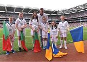 21 August 2016; eir GAA ambassador Tomás Ó Sé with eir Flagbearers from left, Joshua Cosgrove, age 10, from Bellmullet, Mayo, Adam Scanlon, age 9, from Dublin, Tanya Cunningham, age 12, from Castlebar, Co. Mayo, Darragh Kennedy, age 8, from Thurles, Co. Tipperary, Maria Hayes, age 7, from Co. Tipperary, and Conor Cooney, age 10, from Tipperary Town, Co. Tipperary, at the All-Ireland Senior Championship Semi-Final game between Mayo and Tipperary at Croke Park in Dublin. Photo by David Maher/Sportsfile