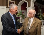22 August 2016; Personalities from a number of sports gathered in Killarney where former Kerry and Munster midfielder Mick O’Connell was presented with a lifetime award for his “exemplary contribution to sport in Ireland” at a function hosted by the Association of Sports Journalists in Ireland (ASJI). Here Mick O’Connell is congratulated by Meath's Frankie Byrne, who won All-Irelands in 1949 and 1954, at the “Legends’ Lunch” in the Killarney Park Hotel, Killarney, Kerry. Photo by Ray McManus/Sportsfile