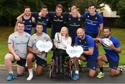 22 August 2016; Emma Fogarty, a patient's ambassador from Debra Ireland, joins Leinster Rugby players, clockwise from top row left, Jamison Gibson Park, Noel Reid, Dominic Ryan, James Tracy, Tom Daly, Isa Nacewa, Hayden Triggs, Adam Byrne, and Peter Dooley, in attendance at Leinster Rugby HQ, UCD for the announcement of Aware and Debra Ireland as the Leinster charity partners for the next two seasons. Aware is a national organisation working since 1985 to provide support, education and information around depression and bipolar disorder. DEBRA Ireland was established to provide support services to patients and families living with the debilitating skin condition epidermolysis bullosa. The partnership will kick off on the 10th September with a trip for 28 lucky recipients – 14 from each charity - to the first away game in the Guinness PRO12 in Glasgow courtesy of Joe Walsh Tours, official travel partner of Leinster Rugby. For further information please check out leinsterrugby.ie/charitypartners and www.aware.ie and www.debraireland.org Photo by Cody Glenn/Sportsfile