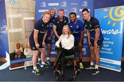 22 August 2016; Emma Fogarty, a patient's ambassador from Debra Ireland, joins Leinster Rugby players, from left, James Tracy, Hayden Triggs, head coach Leo Cullen, Isa Nacewa, and Noel Reid in attendance at Leinster Rugby HQ, UCD for the announcement of Aware and Debra Ireland as the Leinster charity partners for the next two seasons. Aware is a national organisation working since 1985 to provide support, education and information around depression and bipolar disorder. DEBRA Ireland was established to provide support services to patients and families living with the debilitating skin condition epidermolysis bullosa. The partnership will kick off on the 10th September with a trip for 28 lucky recipients – 14 from each charity - to the first away game in the Guinness PRO12 in Glasgow courtesy of Joe Walsh Tours, official travel partner of Leinster Rugby. For further information please check out leinsterrugby.ie/charitypartners and www.aware.ie and www.debraireland.org Photo by Cody Glenn/Sportsfile