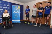 22 August 2016; Emma Fogarty, a patient's ambassador for Debra Ireland, explains more about the charity she represents to Leinster Rugby players, from right, Tom Daly, Noel Reid, Peter Dooley and Isa Nacewa, at Leinster Rugby HQ, UCD for the announcement of Aware and Debra Ireland as the Leinster charity partners for the next two seasons. Aware is a national organisation working since 1985 to provide support, education and information around depression and bipolar disorder. DEBRA Ireland was established to provide support services to patients and families living with the debilitating skin condition epidermolysis bullosa. The partnership will kick off on the 10th September with a trip for 28 lucky recipients – 14 from each charity - to the first away game in the Guinness PRO12 in Glasgow courtesy of Joe Walsh Tours, official travel partner of Leinster Rugby. For further information please check out leinsterrugby.ie/charitypartners and www.aware.ie and www.debraireland.org Photo by Cody Glenn/Sportsfile