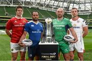 23 August 2016; Players, from left, Billy Holland of Munster, Isa Nacewa of Leinster, John Muldoon of Connacht, and Tommy Bowe of Ulster in attendance at the launch of the Guinness PRO12 2016/17 Championship at the Aviva Stadium in Dublin. Photo by Sam Barnes/Sportsfile