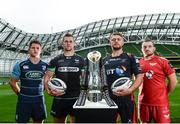 23 August 2016; Players, from left, LLoyd Williams of Cardiff Blues, Dan Lydiate of Ospreys, Lewis Evans of Newport Gwent Dragons and Ken Owen of Scarlets in attendance at the launch of the Guinness PRO12 2016/17 Championship at the Aviva Stadium in Dublin. Photo by Sam Barnes/Sportsfile
