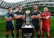 23 August 2016; Players, from left, LLoyd Williams of Cardiff Blues, Dan Lydiate of Ospreys, Lewis Evans of Newport Gwent Dragons and Ken Owen of Scarlets in attendance at the launch of the Guinness PRO12 2016/17 Championship at the Aviva Stadium in Dublin. Photo by Sam Barnes/Sportsfile