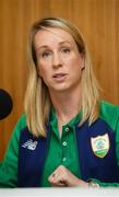 23 August 2016; Dr Kate Kirby, Sport Phycologist, joins Annalise Murphy of Ireland, who won a silver medal in the Women's Laser Radial Medal race at the 2016 Rio Summer Olympic Games in Rio de Janeiro, during a press conference on her return at Dublin Airport, Dublin. Photo by Seb Daly/Sportsfile