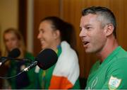 23 August 2016; Coach Rory Fitzpatrick joins Annalise Murphy of Ireland, who won a silver medal in the Women's Laser Radial Medal race at the 2016 Rio Summer Olympic Games in Rio de Janeiro, during a press conference on her return at Dublin Airport, Dublin. Photo by Seb Daly/Sportsfile