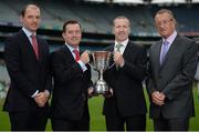 23 August 2016; Pictured with the Kilmacud Crokes Hurling 7s trophy are, from left, John Diviney, Director of Food Systems and Trading Applegreen PLC, Peter Walsh, Kilmacud Crokes GAA Club Chairman of Hurling, Paul Lynch, Chief Financial Officer Applegreen PLC, and Tom Rock, Kilmacud Crokes GAA Club Vice President / Chairman of the 7s Workgroup, during the launch of the Kilmacud Crokes Hurling 7s sponsored by Applegreen at the Croke Park in Dublin. Photo by Cody Glenn/Sportsfile