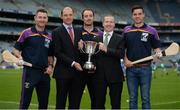 23 August 2016; Pictured with the Kilmacud Crokes Hurling 7s trophy are John Diviney, Director of Food Systems and Trading Applegreen PLC, centre left, and Paul Lynch, Chief Financial Officer Applegreen PLC, joined by Kilmacud Crokes hurlers, from left Niall Corcoran, Ryan Dwyer, and Sean McGrath, during the launch of the Kilmacud Crokes Hurling 7s sponsored by Applegreen at the Croke Park in Dublin. Photo by Cody Glenn/Sportsfile