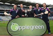 23 August 2016; John Diviney, centre left, Director of Food Systems and Trading Applegreen PLC,  and Paul Lynch, Chief Financial Officer Applegreen PLC, pictured with Kilmacud Crokes hurlers, from left, Niall Corcoran, Sean McGrath, and Ryan Dwyer during the launch of the Kilmacud Crokes Hurling 7s sponsored by Applegreen at the Croke Park in Dublin. Photo by Cody Glenn/Sportsfile