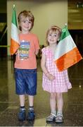 24 August 2016; Feargal Browne, age 5, and sister Aisling, age 3, from Clonsilla, Dublin, prepare to welcome home Irish athletes at Dublin Airport as Team Ireland arrive home from the Rio 2016 Olympic Games at Dublin Airport in Dublin. Photo by Seb Daly/Sportsfile
