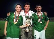 25 July 1998; Ireland's Robbie Keane, left, Kevin Fahey, FAI and Jason Gavin right pictured pictured with the cup after victory over Germany in the final. Republic of Ireland v Germany, European U-18 Championship Final, New G.S.Z. (Zenon) Stadium, Larnaca, Cyprus. Soccer. Picture credit; David Maher / SPORTSFILE