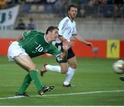 5 June 2002; Robbie Keane, Republic of Ireland, scores against Germany. FIFA World Cup Finals, Group E, Republic of Ireland v Germany, Ibaraki Stadium, Ibaraki, Japan. Picture credit: David Maher / SPORTSFILE