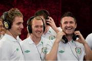 28 February 2012; Members of the Republic of Ireland squad, from left to right, Kevin Doyle, Aiden McGeady and Robbie Keane add their vocals to the Ray D'Arcy shows' recently recorded 'Rocky Road to Poland', the Official Euro 2012 Song for the Republic of Ireland soccer squad. Portmarnock Hotel and Golf Links, Portmarnock, Co. Dublin. Picture credit: David Maher / SPORTSFILE