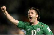 13 October 2004; Robbie Keane, Republic of Ireland, celebrates after scoring his sides first goal from the penalty spot. With this goal he sets an all time Irish record of 22 International goals. FIFA 2006 World Cup Qualifier, Republic of Ireland v Faroe Islands, Lansdowne Road, Dublin. Picture credit; Brian Lawless / SPORTSFILE