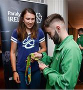 25 August 2016; Pictured at the Official Farewell event for members of the Irish Paralympic Team is 2016 Olympic Games silver medallist Annalise Murphy, right, with footballer Peter Cotter, at the Clayton Hotel in Dublin Airport, Dublin. Photo by Seb Daly/Sportsfile