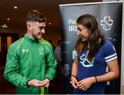 25 August 2016; Pictured at the Official Farewell event for members of the Irish Paralympic Team is 2016 Olympic Games silver medallist Annalise Murphy, right, with footballer Aaron Tier, at the Clayton Hotel in Dublin Airport, Dublin. Photo by Seb Daly/Sportsfile