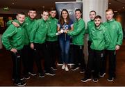 25 August 2016; Pictured at the Official Farewell event for members of the Irish Paralympic Team is 2016 Olympic Games silver medallist Annalise Murphy, centre, with footballers, from left to right, Brian McGillivary, Dillion Sheridan, Ryan Nolan, Aaron Tier, Eric O'Flaherty, Carl McKee, Peter Cotter and Ryan Walker at the Clayton Hotel in Dublin Airport, Dublin. Photo by Seb Daly/Sportsfile