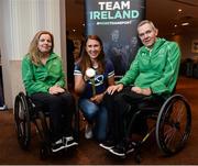 25 August 2016; Pictured at the Official Farewell event for members of the Irish Paralympic Team are table tennis player Rena McCarron-Rooney, left, team leader Ronan Rooney, right, and 2016 Olympic Games silver medallist Annalise Murphy, at the Clayton Hotel in Dublin Airport, Dublin. Photo by Seb Daly/Sportsfile