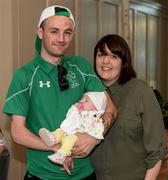 25 August 2016; Pictured at the Official Farewell event for members of the Irish Paralympic Team is footballer Gary Messett, with partner Holly Davies, and three week old Poppie, at the Clayton Hotel in Dublin Airport, Dublin. Photo by Seb Daly/Sportsfile