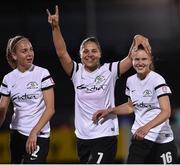 25 August 2016; Dovile Gaileviciute, centre, of Gintra celebrates with her team-mates Thamolina Adams, left, and Simona Velickaite after the UEFA Women’s Champions League Qualifying Group game between Wexford Youths WFC and Gintra at Ferrycarrig Park in Wexford. Photo by Matt Browne/Sportsfile