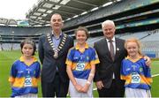 21 August 2016; John Boyle, INTO vice president with Uachtarán Chumann Lúthchleas Gael Aogán Ó Fearghail and Niamh Brown, Scoil Mhuire Glenties, Donegal, representing Tipperary, Della Maria Doherty, Portarlington, PS, Portarlington, Laois, representing Tipperary, Lizzy Boyle, Scoil Croine, Dungloe, Donegal, representing Tipperary, during the during the INTO Cumann na mBunscol GAA Respect Exhibition Go GamesGAA Football All-Ireland Senior Championship Semi-Final game between Tipperary and Mayo at Croke Park in Dublin.Uachtarán Chumann Lúthchleas Gael Aogán Ó Fearghail Photo by Eóin Noonan/Sportsfile