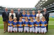 21 August 2016; Back row, from left, President of Cumann na mBunscol Liam McGee, LGFA president Marie Keating, Mini-Sevens Coordinator Gerry O'Meara, Daragh McCabe, St Joseph's Boys NS, Clondalkin, Dublin, representing Tipperary, Conlan O'Kane, St Brigids, Knockloughrim, Derry, representing Tipperary, Richard Drain, Anahorish Primary School, Toomebridge, Derry, representing Tipperary, INTO President Rosena Jordan, Uachtarán Chumann Lúthchleas Gael Aogán Ó Fearghail, front row, from left, Gerard Mallie, St Clates Abbey, Newry, Down, representing Tipperary, Ruaidhrí O'Keeffe, St Mary's PS, Newtownbutler, Fermanagh, representing Tipperary John Ryan, Scoil Eóin Bosco, Navan Road, Dublin, representing Tipperary, Blaine Lynch, St Patrick's PS, Castlederg, Tyrone, representing Tipperary, Ryan Donnelly, St Patrick's PS Roan, Eglish, Dungannon, Tyrone, representing Tipperary, Gerard Finnegan, Lisdoonan NS, Carrickmacross, Monaghan, representing Tipperary, Killian Carragher, Annyalla NS, Castleblayney, Monaghan, representing Tipperary,  during the during the INTO Cumann na mBunscol GAA Respect Exhibition Go GamesGAA Football All-Ireland Senior Championship Semi-Final game between Tipperary and Mayo at Croke Park in Dublin. Photo by Eóin Noonan/Sportsfile