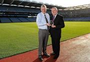 17 November 2010; Uachtarán CLG Criostóir Ó Cuana offers his congratulations to Croke Park Head Steward Bill Barry on winning the Sports and Leisure section in the 2010 Ireland Involved Awards. Croke Park, Dublin. Picture credit: Brendan Moran / SPORTSFILE