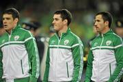 17 November 2010; Republic of Ireland players, left to right, Darren O'Dea, Greg Cunningham and Keith Fahey before the start of the game. International Friendly, Republic of Ireland v Norway, Aviva Stadium, Lansdowne Road, Dublin. Picture credit: David Maher / SPORTSFILE
