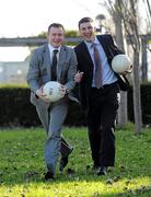 18 November 2010; The Gaelic Players Association and Dublin City University Business School have announced that Laois manager and former Armagh footballer Justin McNulty, left, and former Dublin captain Colin Moran, have been granted scholarship places on the prestigious Executive MBA Programme. The scholarship with DCU Business School forms part of the GPA's expanding education portfolio under its Player Development Programme. Dublin City University, Glasnevin, Dublin. Picture credit: Brian Lawless / SPORTSFILE