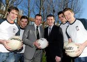 18 November 2010; The Gaelic Players Association and Dublin City University Business School have announced that Laois manager and former Armagh footballer Justin McNulty and former Dublin captain Colin Moran, have been granted scholarship places on the prestigious Executive MBA Programme. The scholarship with DCU Business School forms part of the GPA's expanding education portfolio under its Player Development Programme. At the announcement are Justin McNulty, third from left, and Colin Moran, with DCU students and Inter county footballers, from left, Cathal Cregg, Roscommon, Paddy Andrews, Dublin, Donie Shine, Roscommon, and David Kelly, Sligo. Dublin City University, Glasnevin, Dublin. Picture credit: Brian Lawless / SPORTSFILE