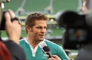 19 November 2010; New Zealand's Richie McCaw speaks with media during the captain's run ahead of their Autumn International against Ireland on Saturday. New Zealand Rugby Squad Capatain's Run, Aviva Stadium, Landsdowne Road, Dublin. Picture credit: Alan Place / SPORTSFILE