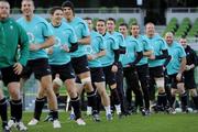 19 November 2010; Ireland's, from right to left, Cian Healy, John Hayes, Mick O'Driscoll, Luke Fitzgerald, Brian O'Driscoll, Ronan O'Gara, Eoin Reddan, Gordon D'Arcy, Donncha O'Callaghan, David Wallace, Stephen Ferris and Tom Court line up during the captain's run ahead of their Autumn International game against New Zealand on Saturday. Ireland Rugby Squad Captain's Run, Aviva Stadium, Lansdowne Road, Dublin. Picture credit: Matt Browne / SPORTSFILE