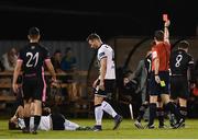 26 August 2016; Referee Robert Harvey shows a red card to Peter Higgins, 8, of Wexford Youths during the SSE Airtricity League Premier Division game between Wexford Youths and Dundalk at Ferrycarrig Park in Wexford. Photo by David Maher/Sportsfile