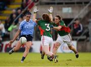 27 August 2016; Niamh McEvoy of Dublin in action against Sarah Tierney, centre, and Martha Carter of Mayo during the TG4 Ladies Football All-Ireland Senior Championship Semi-Final game between Dublin and Mayo at Kingspan Breffni Park in Cavan. Photo by Piaras Ó Mídheach/Sportsfile