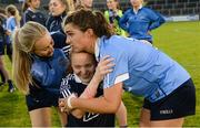 27 August 2016; Ciara Trant of Dublin, centre, celebrates with Aoife Curran, left, and Niamh Collins after the TG4 Ladies Football All-Ireland Senior Championship Semi-Final game between Dublin and Mayo at Kingspan Breffni Park in Cavan. Photo by Piaras Ó Mídheach/Sportsfile