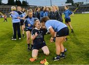 27 August 2016; Ciara Trant of Dublin, centre, celebrates with Aoife Curran, left, and Niamh Collins after the TG4 Ladies Football All-Ireland Senior Championship Semi-Final game between Dublin and Mayo at Kingspan Breffni Park in Cavan. Photo by Piaras Ó Mídheach/Sportsfile