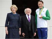 28 August 2016; Silver medal winner Annalise Murphy, right, who competed at the 2016 Rio Olympics, was amoung members of Team Ireland honoured at a special reception hosted by President Michael D. Higgins, centre, and his wife Sabina Higgins, left, in Áras an Uachtaráin, Phoenix Park, Dublin. Photo by Seb Daly/Sportsfile