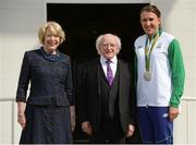 28 August 2016; Silver medal winner Annalise Murphy, right, who competed at the 2016 Rio Olympics, was amoung members of Team Ireland honoured at a special reception hosted by President Michael D. Higgins, centre, and his wife Sabina Higgins, left, in Áras an Uachtaráin, Phoenix Park, Dublin. Photo by Seb Daly/Sportsfile