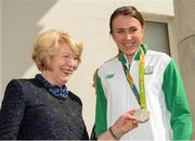 28 August 2016; Sabina Higgins, left, and Team Ireland's Annalise Murphy, right, at a special reception for athletes who competed at the 2016 Rio Olympics, hosted by President Michael D. Higgins and his wife Sabina Higgins in Áras an Uachtaráin, Phoenix Park, Dublin. Photo by Seb Daly/Sportsfile