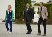 28 August 2016; Members of Team Ireland's equestrian team, Clare Abbot, left, coach Nick Turner, centre, and Jonty Evans, arrive ahead of a special reception honouring athletes who competed at the 2016 Rio Olympics, hosted by President Michael D. Higgins and his wife Sabina Higgins in Áras an Uachtaráin, Phoenix Park, Dublin. Photo by Seb Daly/Sportsfile