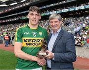 28 August 2016; Pictured is Pat O’Doherty, Chief Executive of ESB, proud sponsor of the Electric Ireland GAA All-Ireland Minor Championships, presenting David Cilfford from Kerry with the Player of the Match award for his outstanding performance in the Electric Ireland Football All- Ireland Minor Championships Semi Final. Throughout the Championships fans can follow the conversation, support the Minors and be a part of something major through the hashtag #GAAThisIsMajor. Croke Park, Dublin. Photo by Ray McManus/Sportsfile